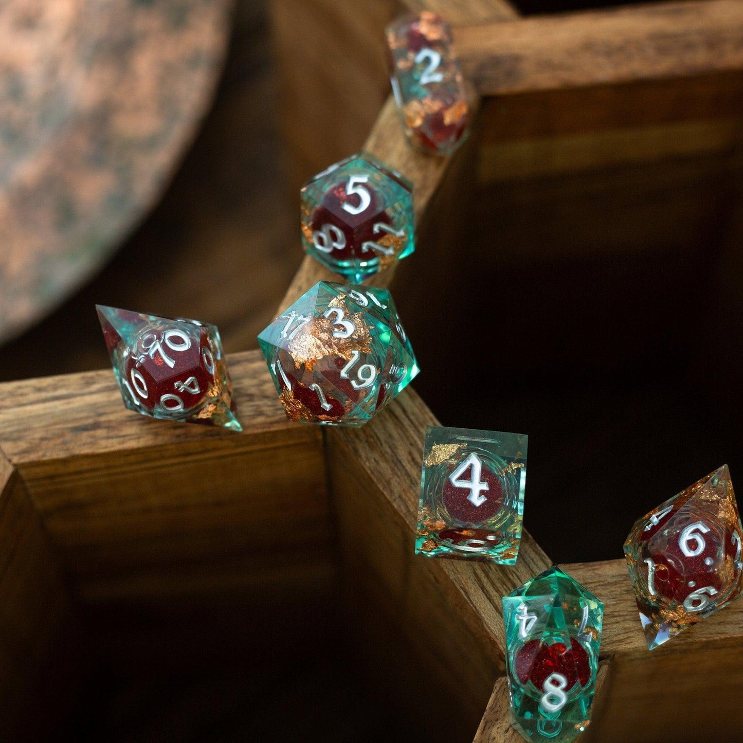 Red And Gold Glitter Liquid Core Handmade Resin DND Dice Set Runic Dice