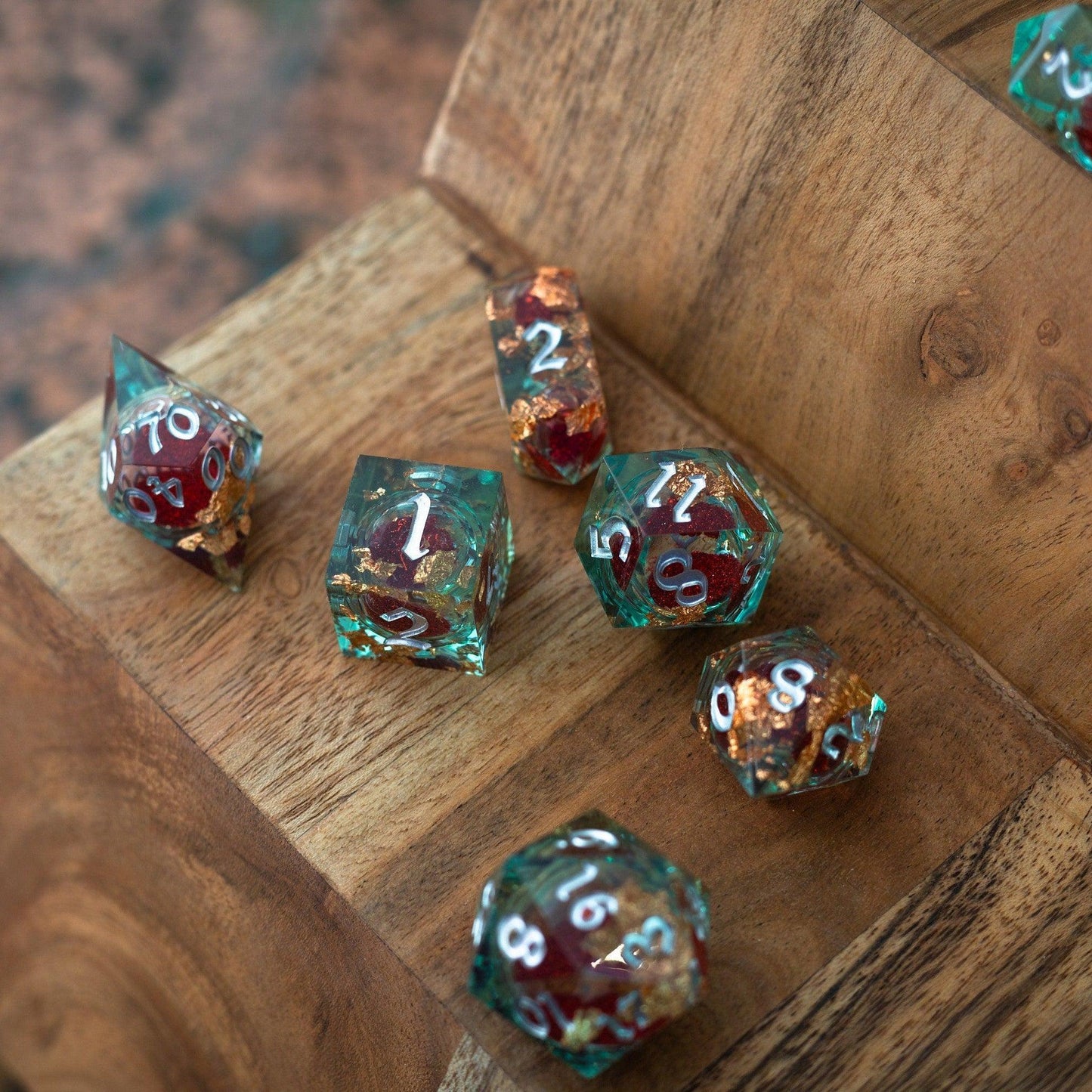 Red And Gold Glitter Liquid Core Handmade Resin DND Dice Set Runic Dice