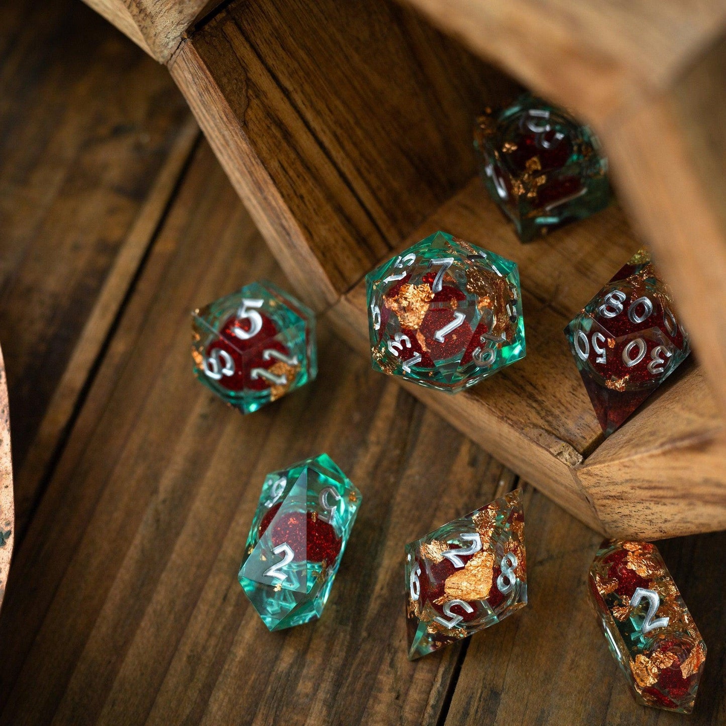 Red And Gold Glitter Liquid Core Handmade Resin DND Dice Set Runic Dice