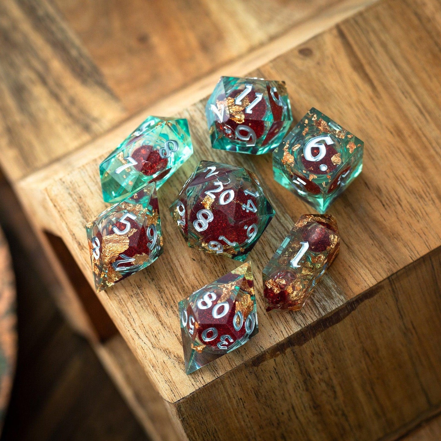 Red And Gold Glitter Liquid Core Handmade Resin DND Dice Set Runic Dice
