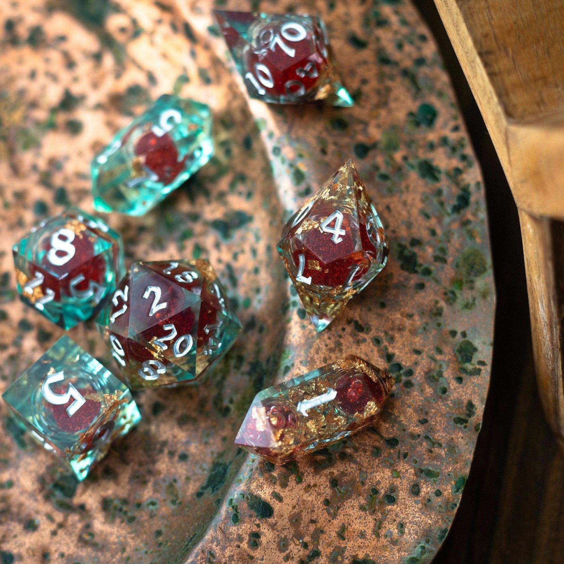 Red And Gold Glitter Liquid Core Handmade Resin DND Dice Set Runic Dice