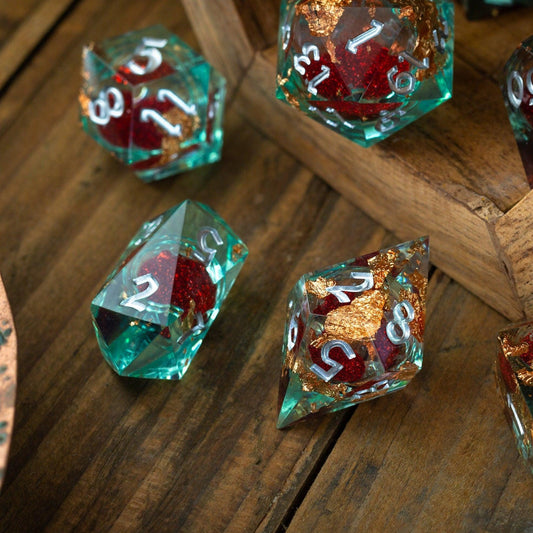 Red And Gold Glitter Liquid Core Handmade Resin DND Dice Set Runic Dice