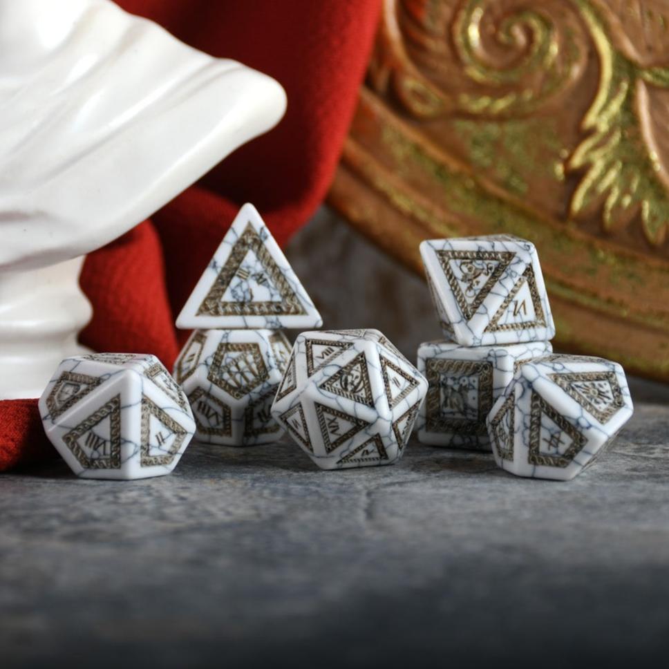 Roman White Howlite Stone Dice Set - Dice Around the World Collection Misty Mountain Gaming