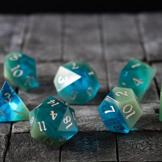 Synthetic Gemstone Two Tone Blue/Green Hand Carved DND Dice Set Runic Dice