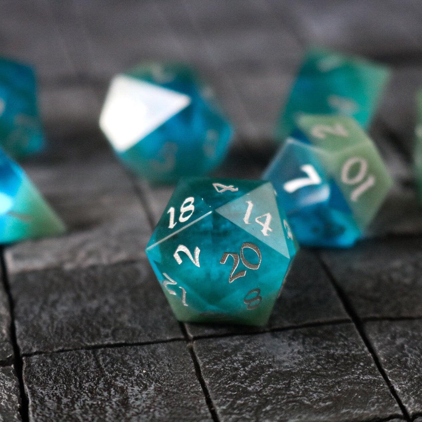 Synthetic Gemstone Two Tone Blue/Green Hand Carved DND Dice Set Runic Dice