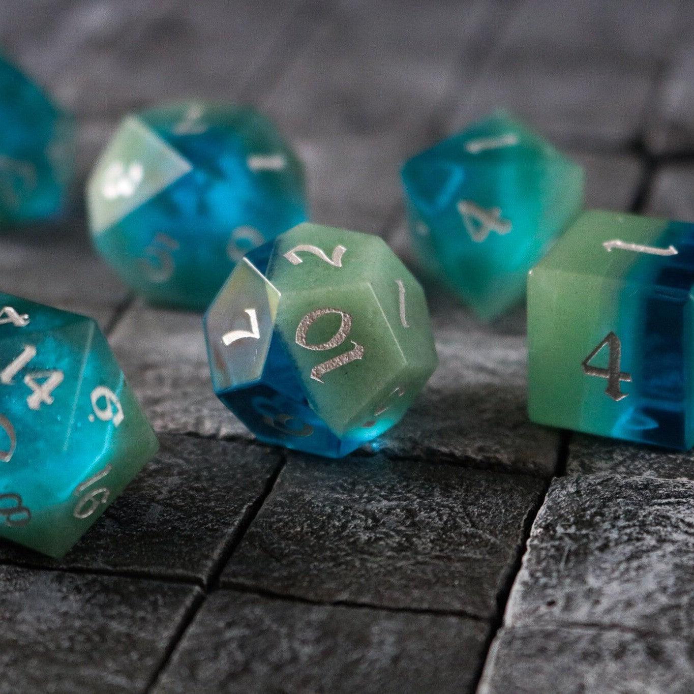 Synthetic Gemstone Two Tone Blue/Green Hand Carved DND Dice Set Runic Dice