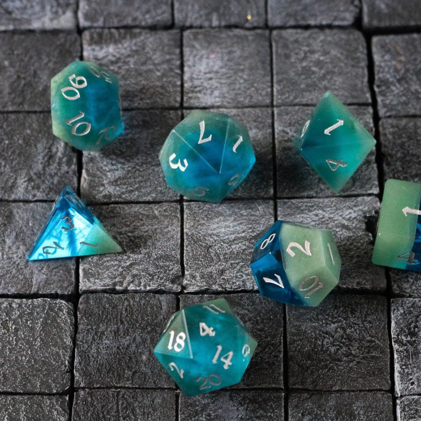 Synthetic Gemstone Two Tone Blue/Green Hand Carved DND Dice Set Runic Dice