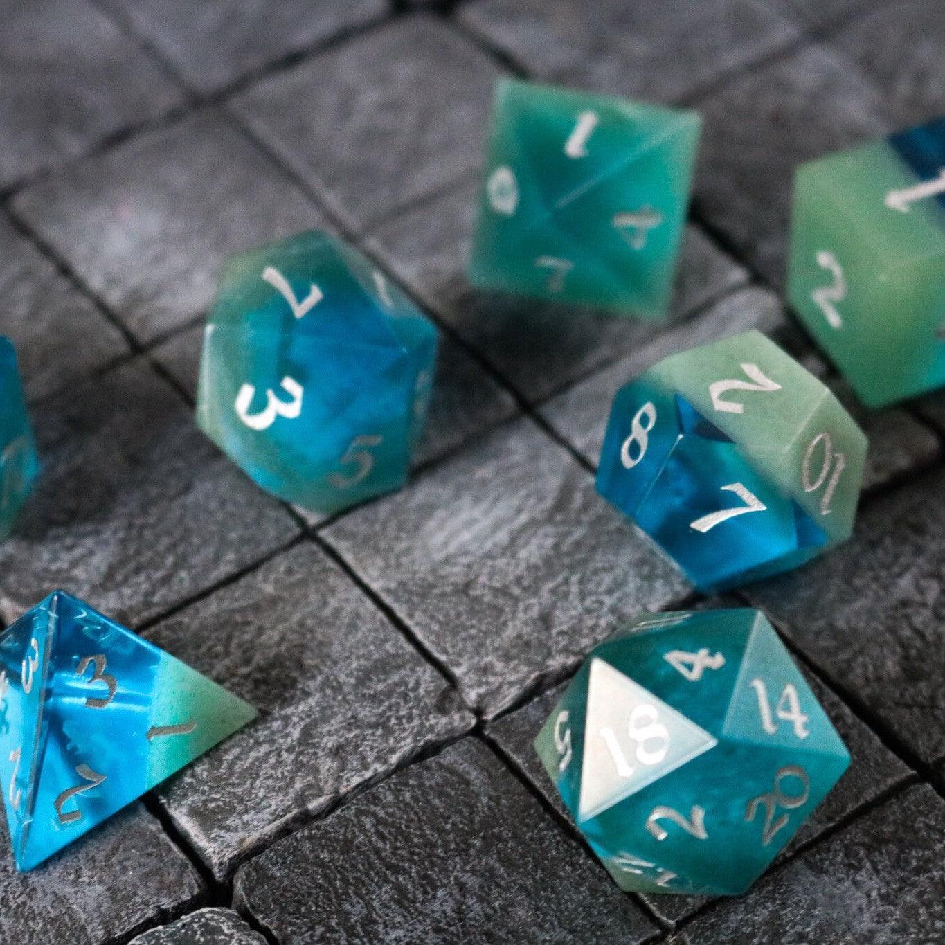 Synthetic Gemstone Two Tone Blue/Green Hand Carved DND Dice Set Runic Dice