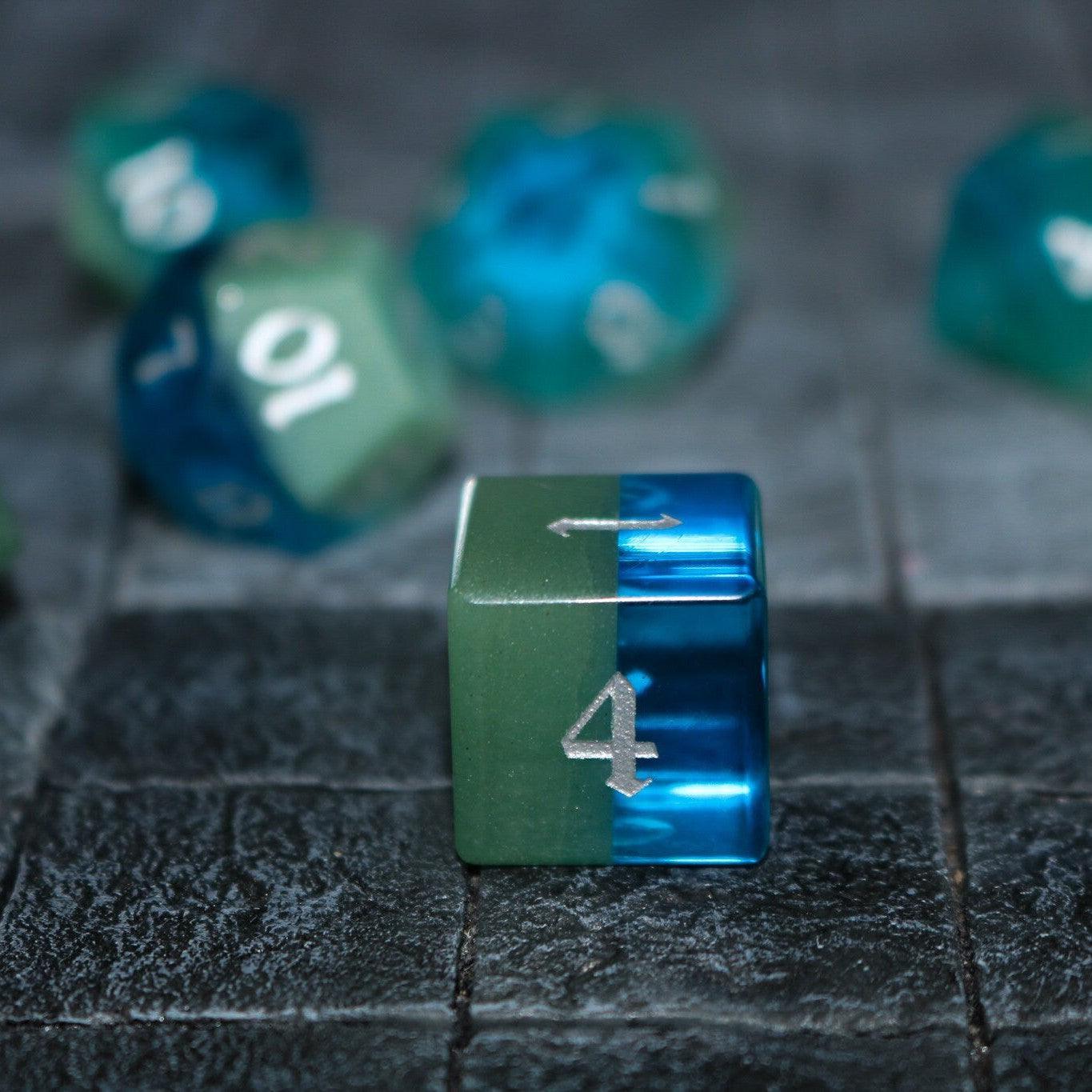 Synthetic Gemstone Two Tone Blue/Green Hand Carved DND Dice Set Runic Dice