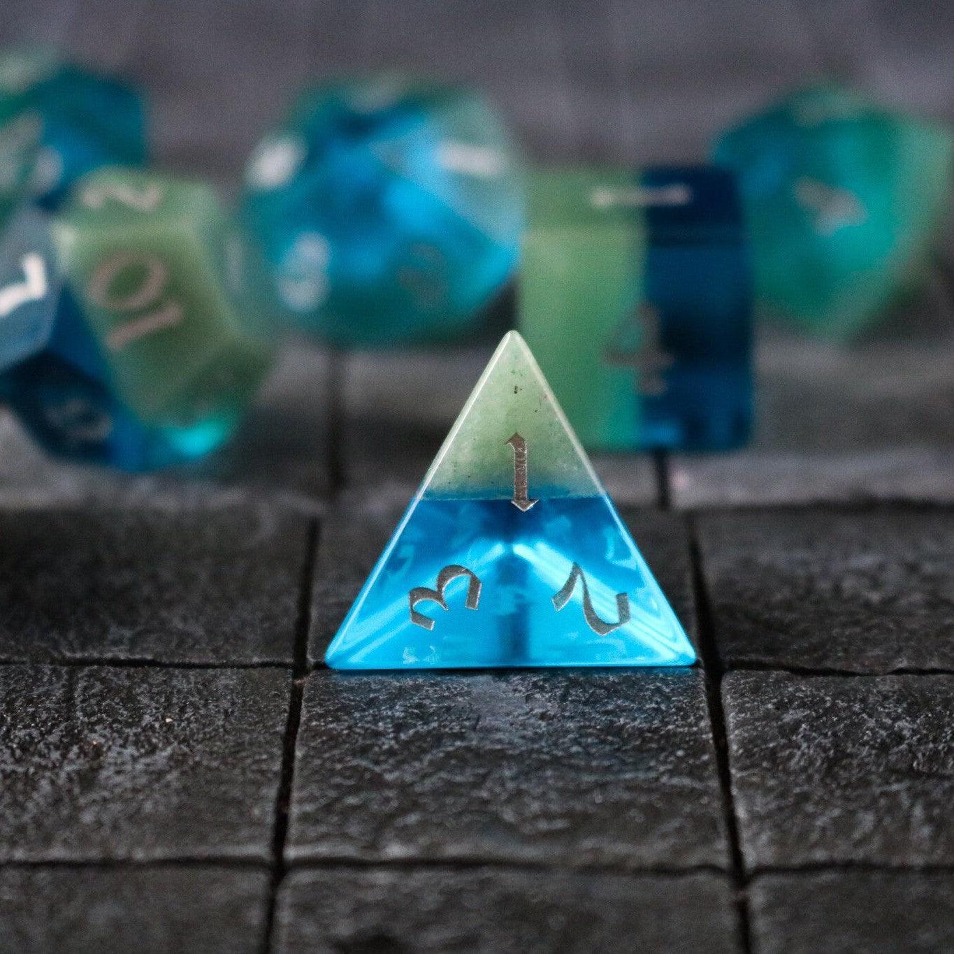 Synthetic Gemstone Two Tone Blue/Green Hand Carved DND Dice Set Runic Dice