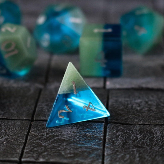 Synthetic Gemstone Two Tone Blue/Green Hand Carved DND Dice Set Runic Dice