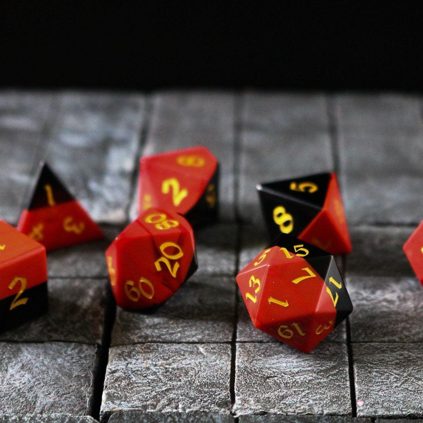 Synthetic Gemstone Two Tone Red/Black Hand Carved DND Dice Set Runic Dice