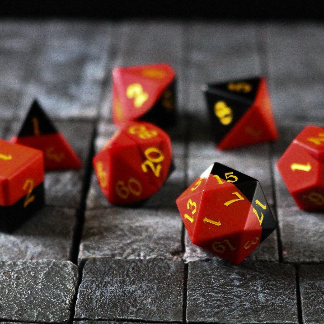 Synthetic Gemstone Two Tone Red/Black Hand Carved DND Dice Set Runic Dice