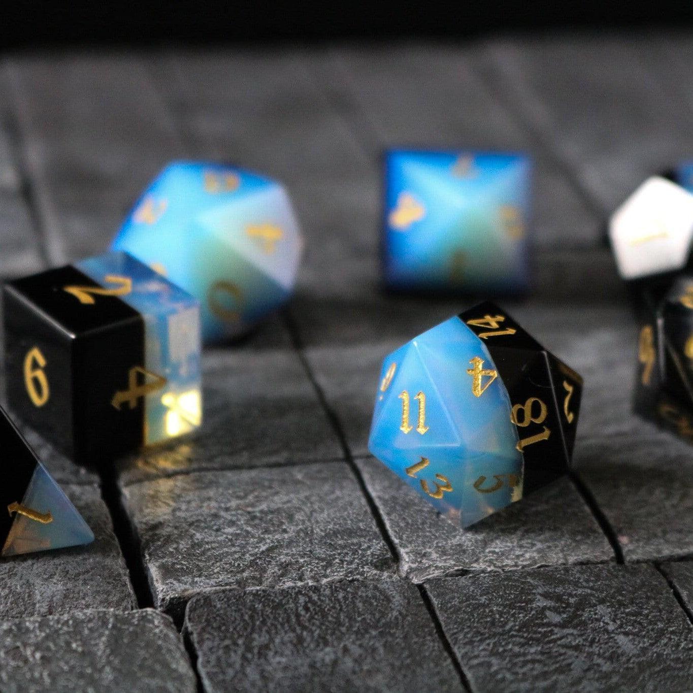 Synthetic Gemstone Two Tone White/Black Hand Carved DND Dice Set Runic Dice