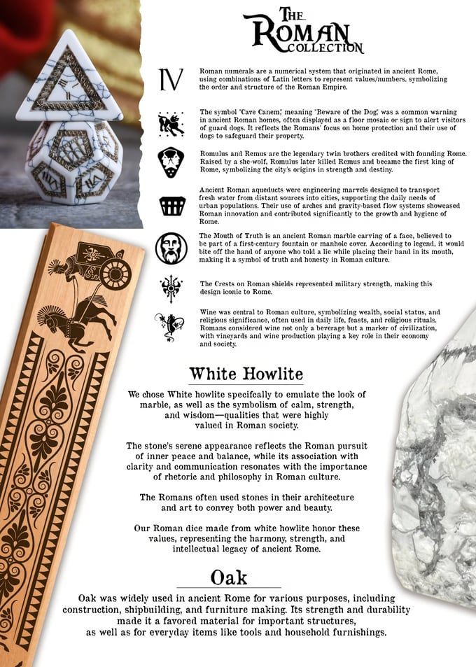 Roman White Howlite Stone Dice Set - Dice Around the World Collection Misty Mountain Gaming