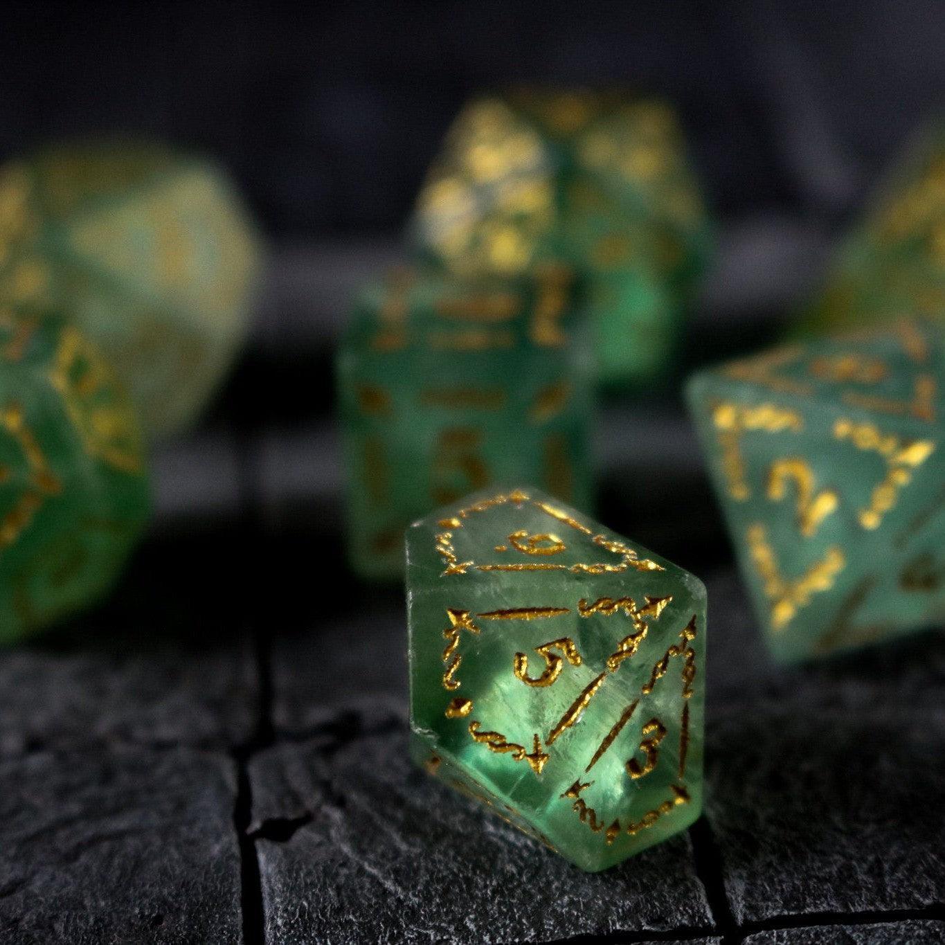 Vine Spike Green Fluorite Gemstone DND Dice Set Runic Dice