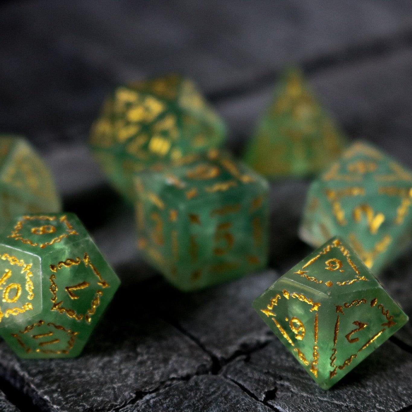 Vine Spike Green Fluorite Gemstone DND Dice Set Runic Dice