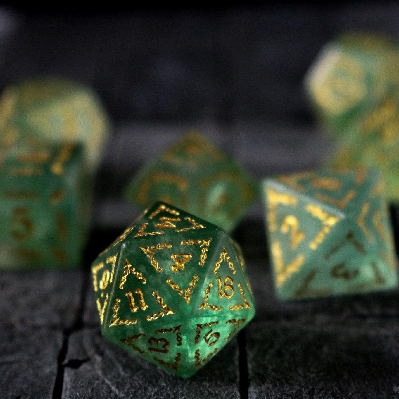 Vine Spike Green Fluorite Gemstone DND Dice Set Runic Dice