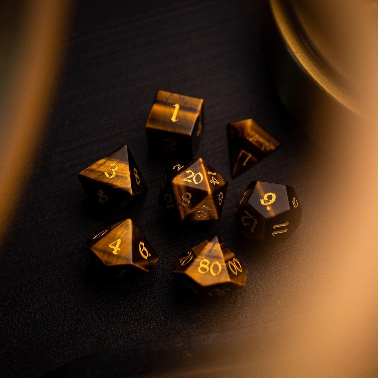 Yellow Tigers Eye Gemstone DND Dice Set Runic Dice