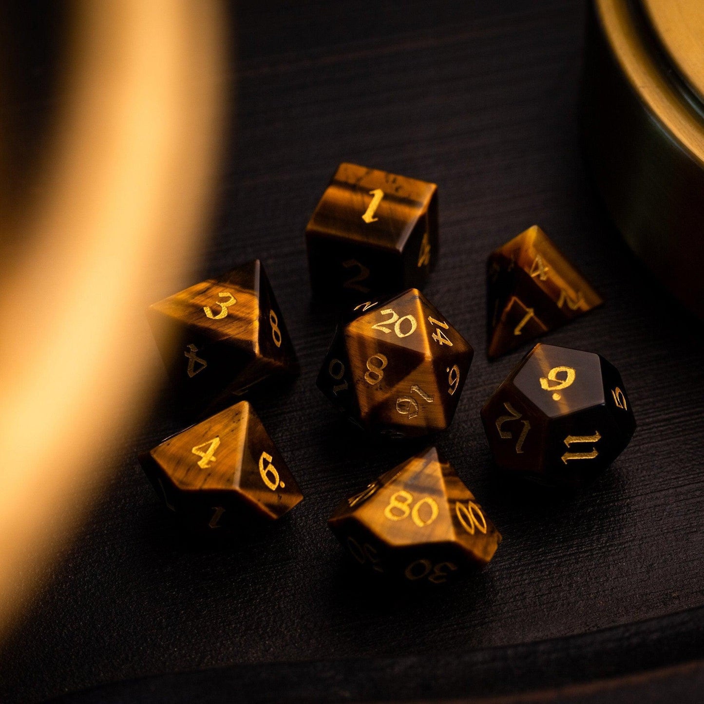 Yellow Tigers Eye Gemstone DND Dice Set Runic Dice