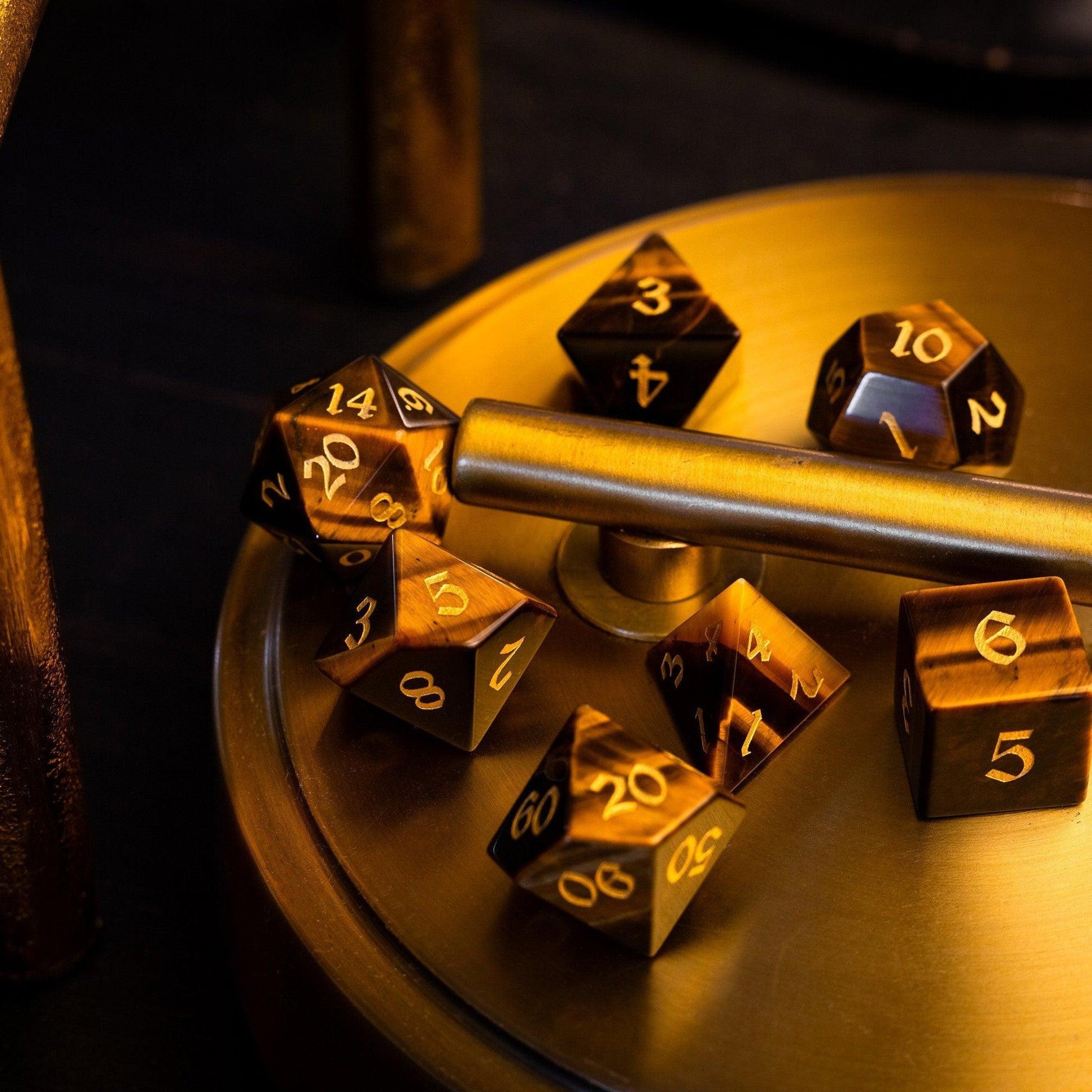 Yellow Tigers Eye Gemstone DND Dice Set Runic Dice