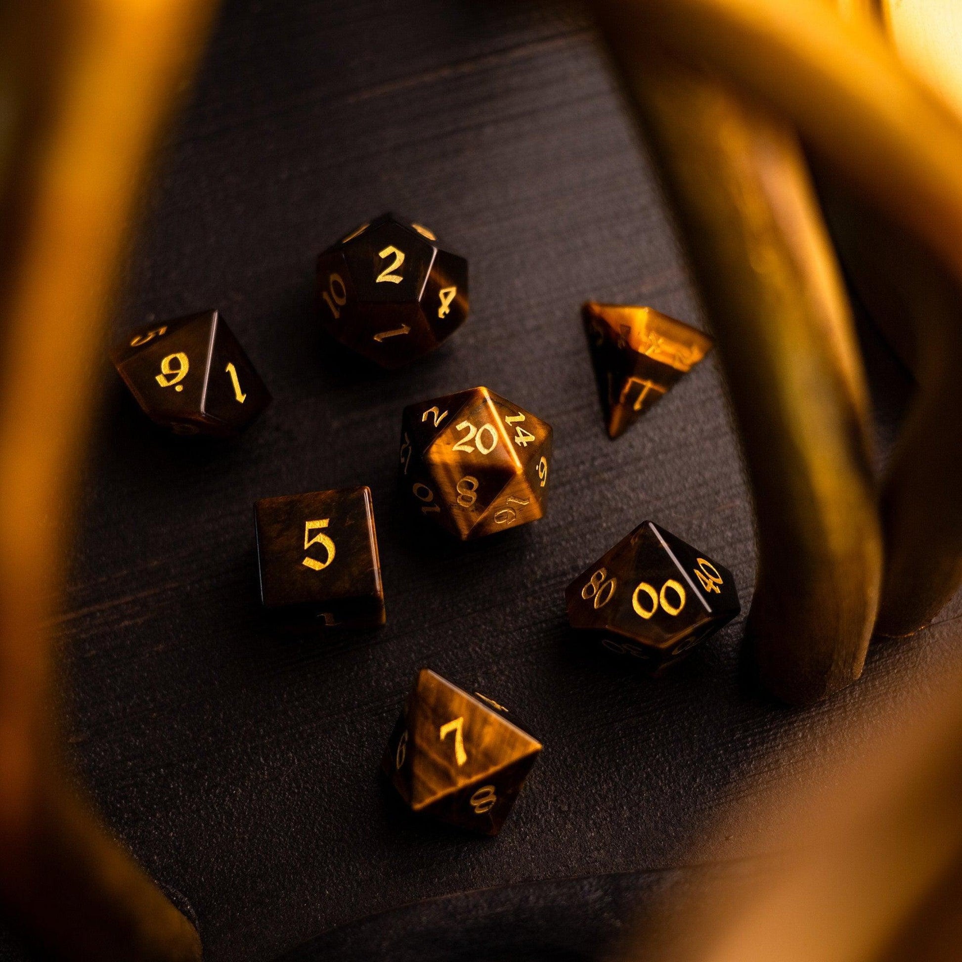 Yellow Tigers Eye Gemstone DND Dice Set Runic Dice