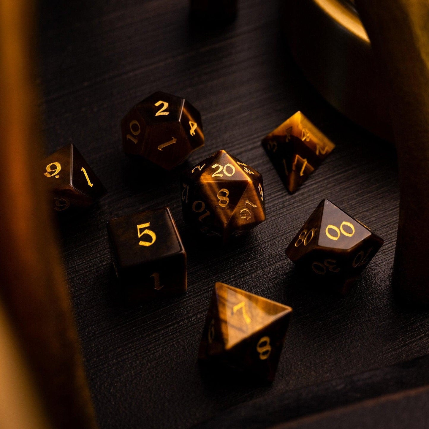 Yellow Tigers Eye Gemstone DND Dice Set Runic Dice