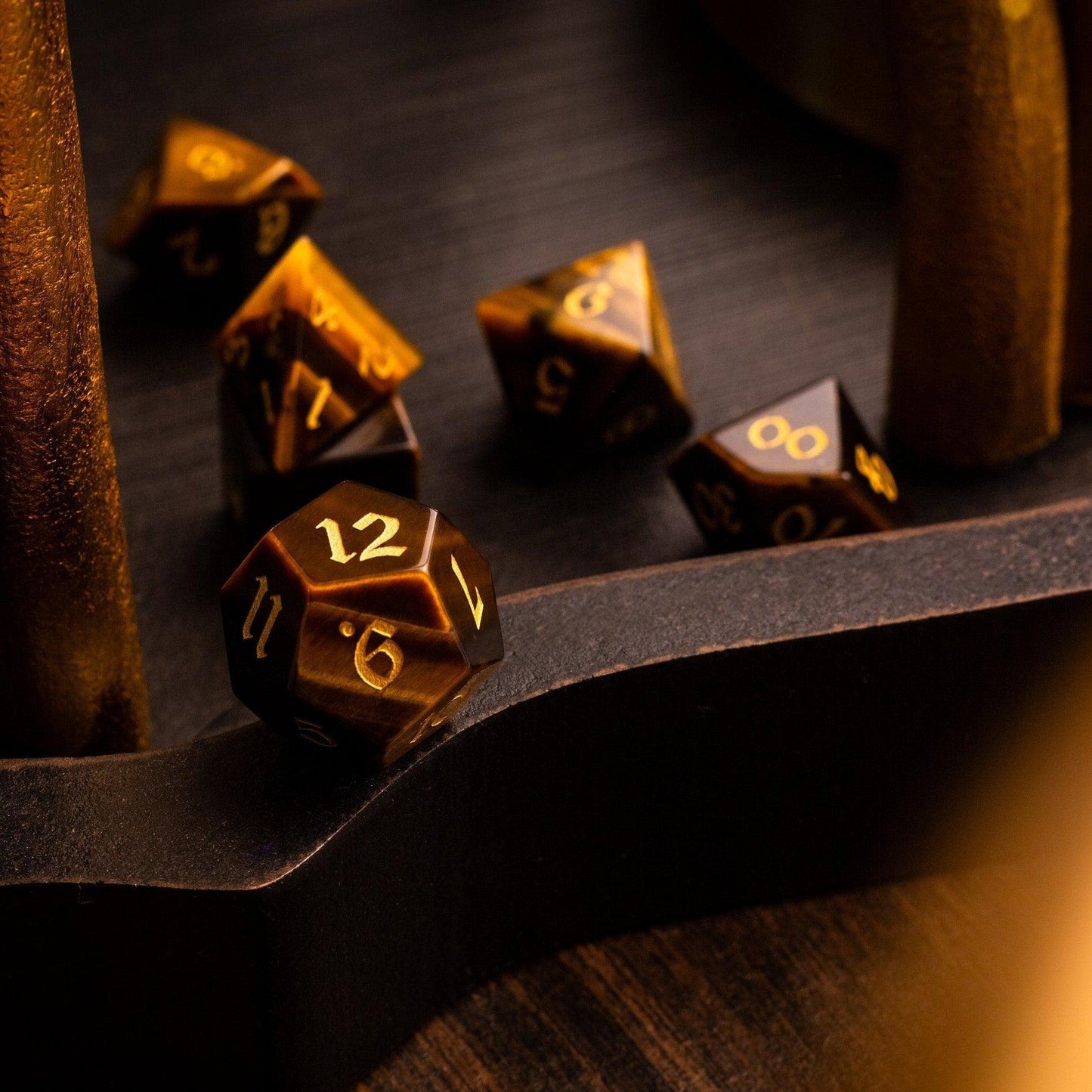 Yellow Tigers Eye Gemstone DND Dice Set Runic Dice