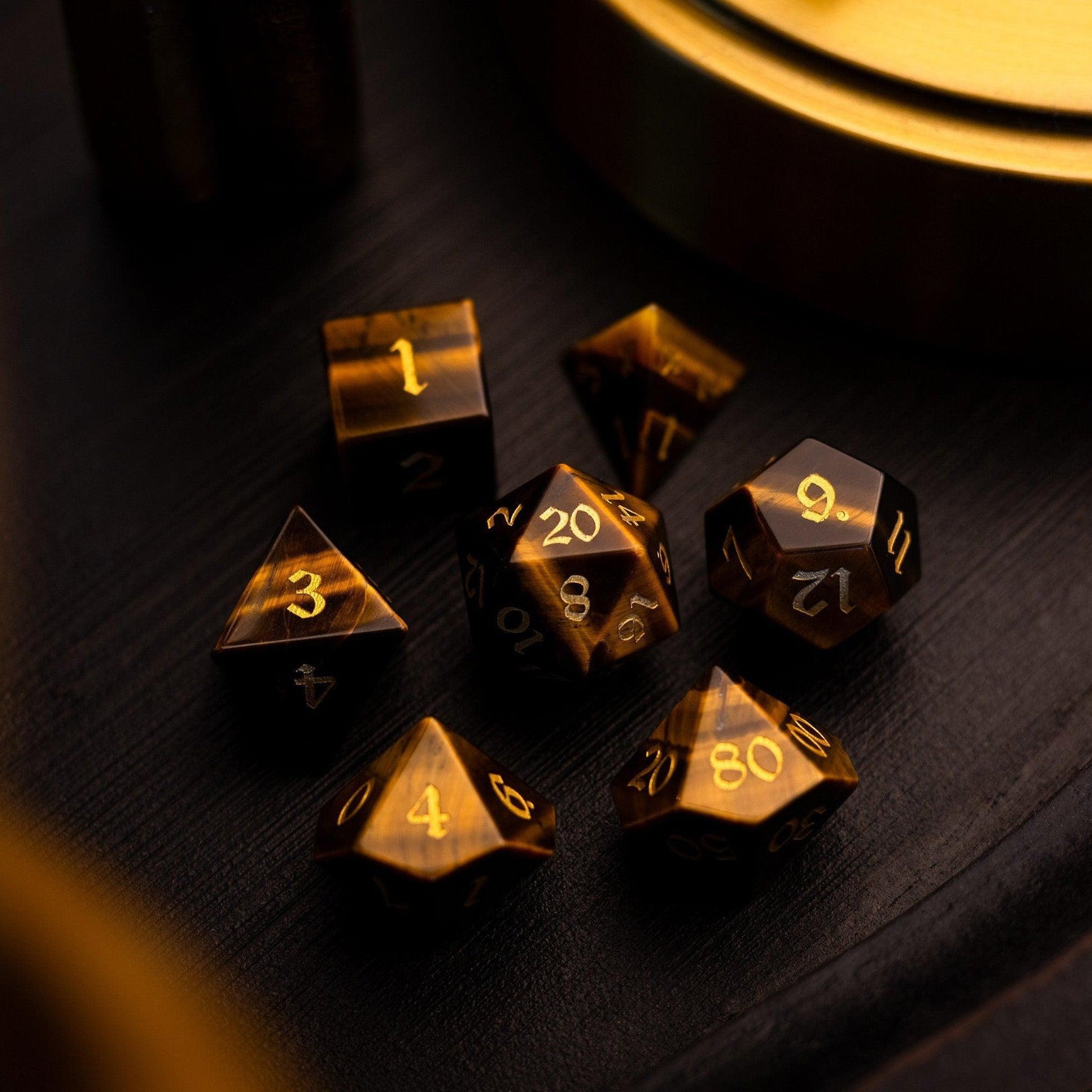 Yellow Tigers Eye Gemstone DND Dice Set Runic Dice