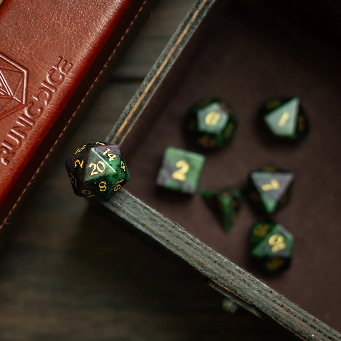 Zoisite Polyhedral Gemstone DND Dice Set Runic Dice