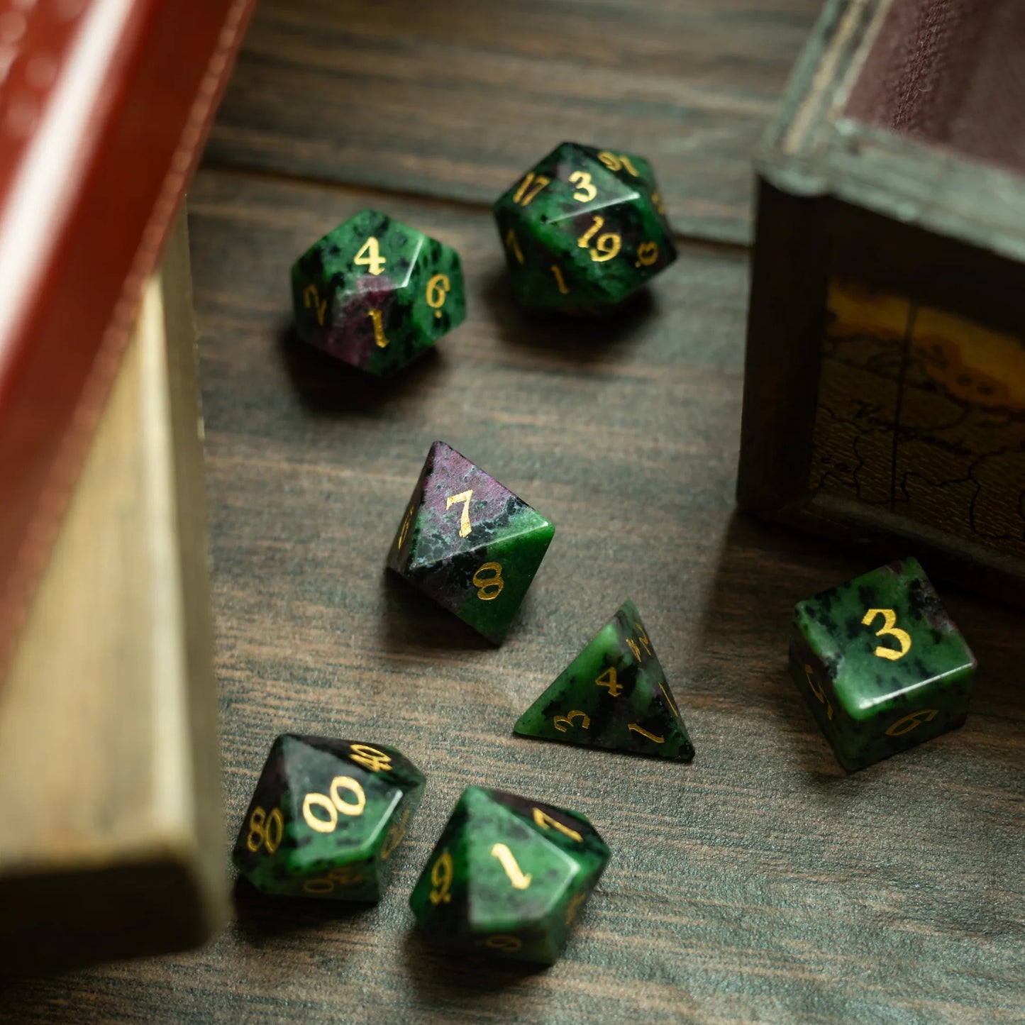 Zoisite Polyhedral Gemstone DND Dice Set Runic Dice
