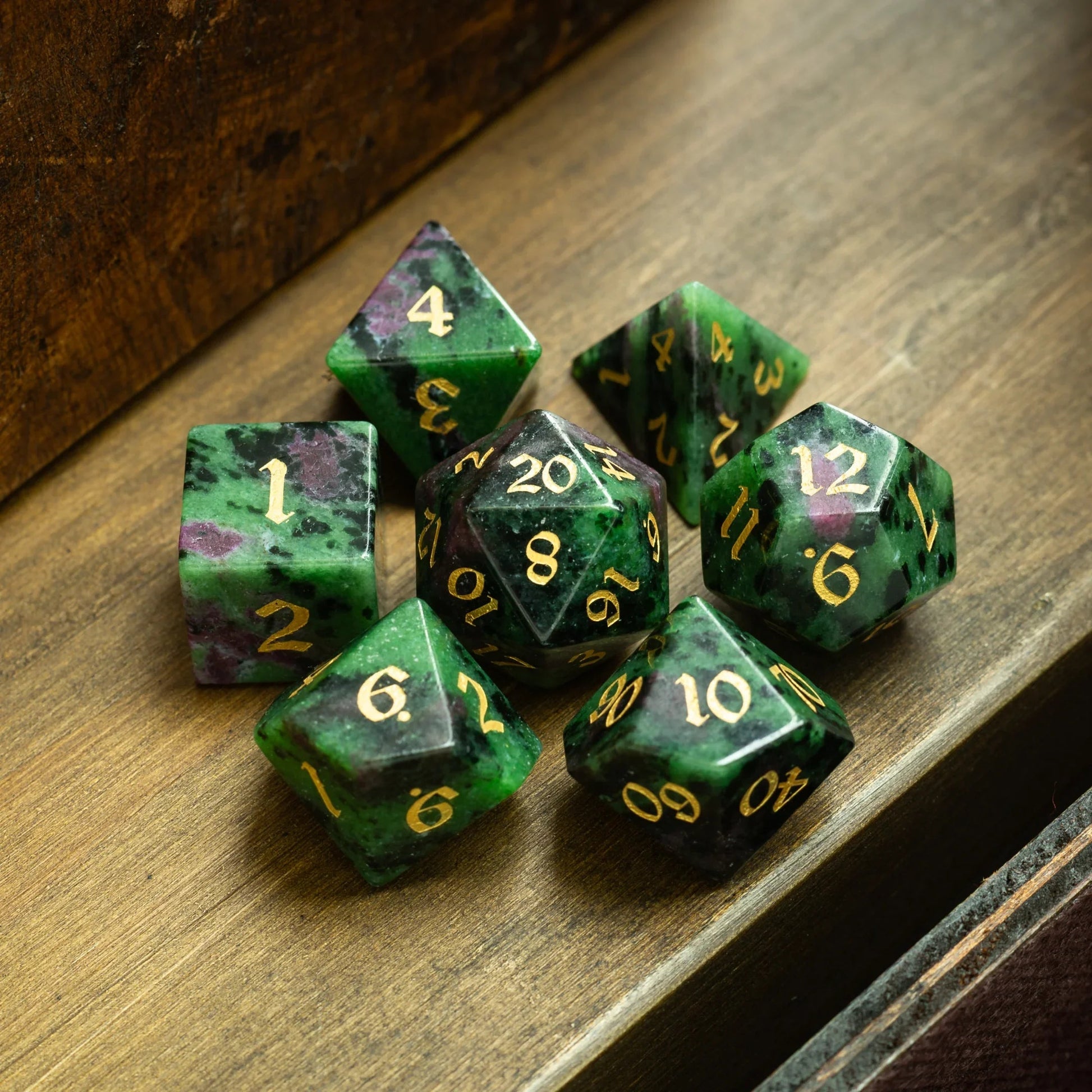 Zoisite Polyhedral Gemstone DND Dice Set Runic Dice