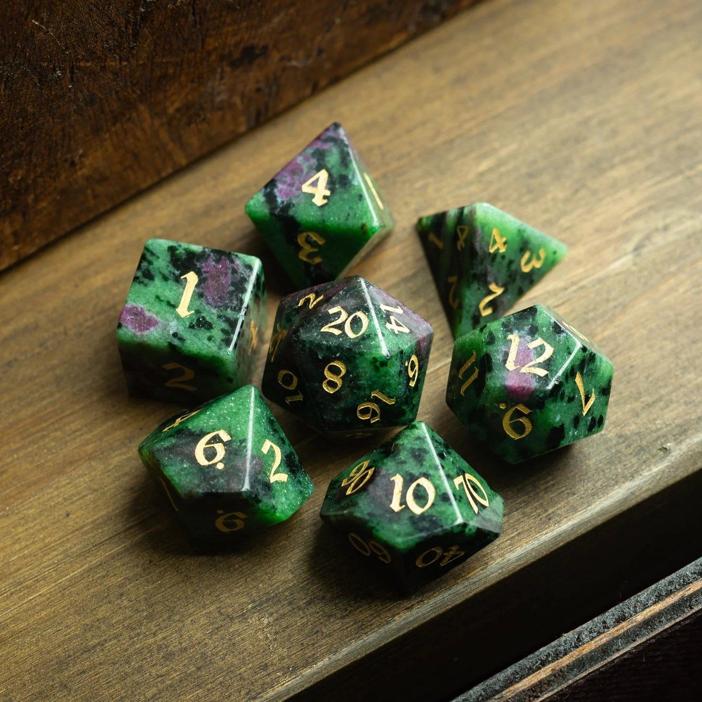 Zoisite Polyhedral Gemstone DND Dice Set Runic Dice