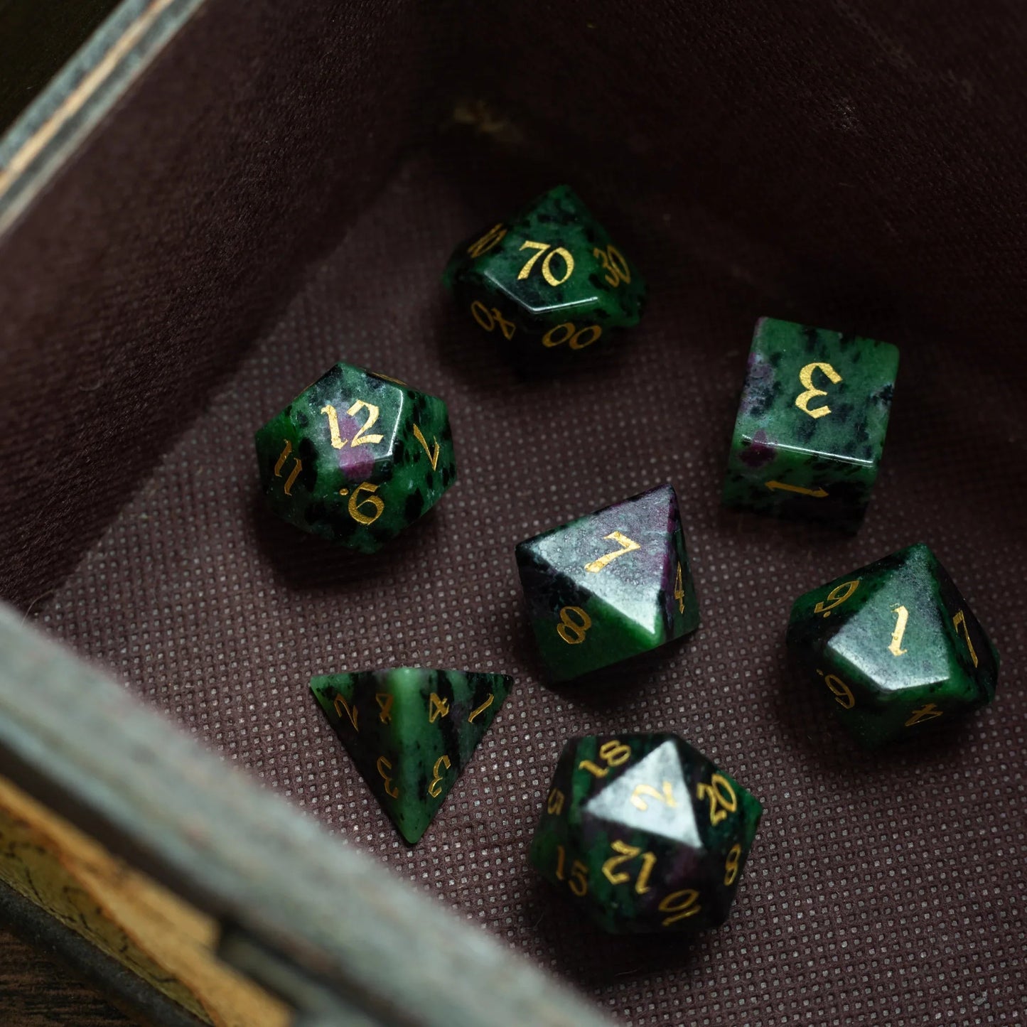 Zoisite Polyhedral Gemstone DND Dice Set Runic Dice