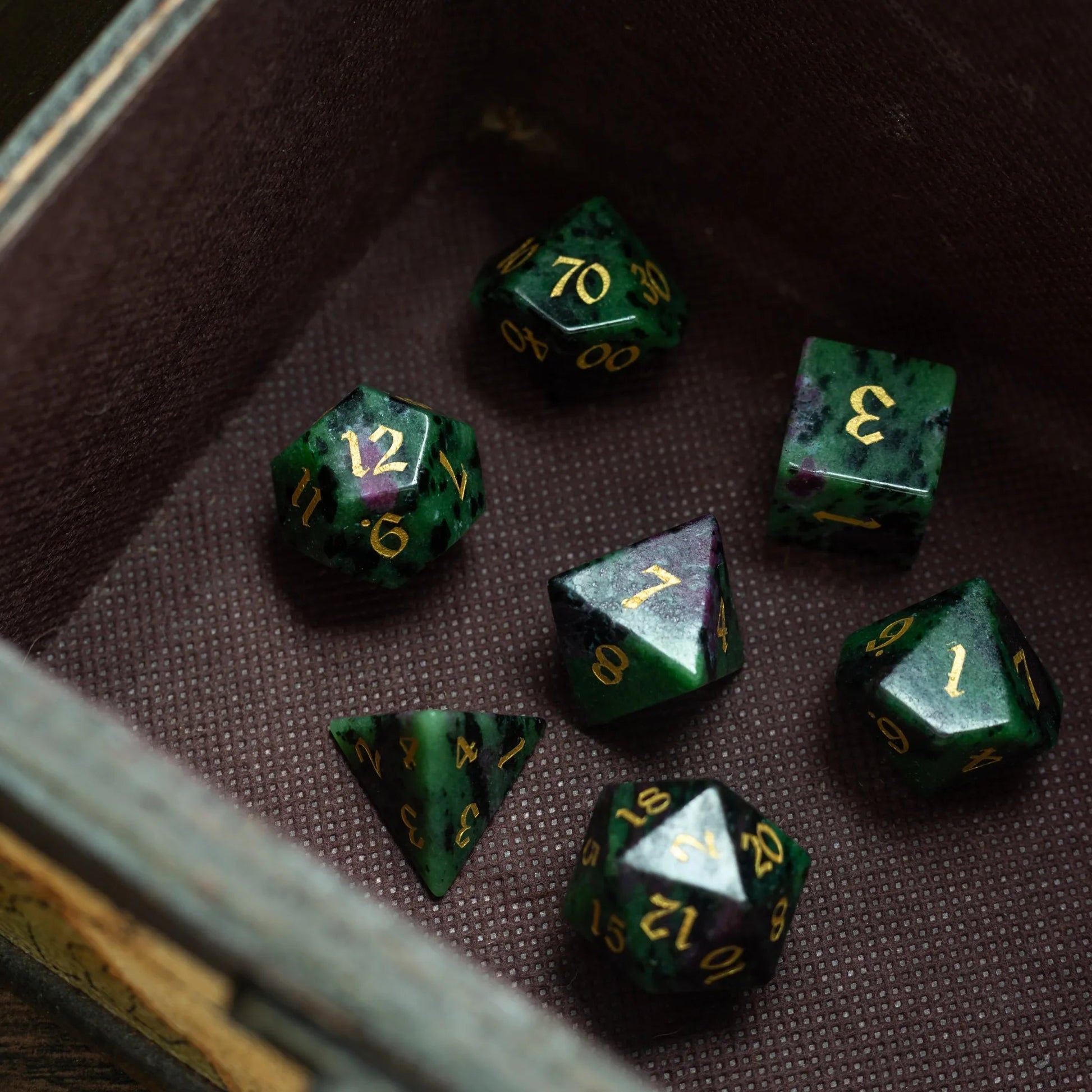 Zoisite Polyhedral Gemstone DND Dice Set Runic Dice