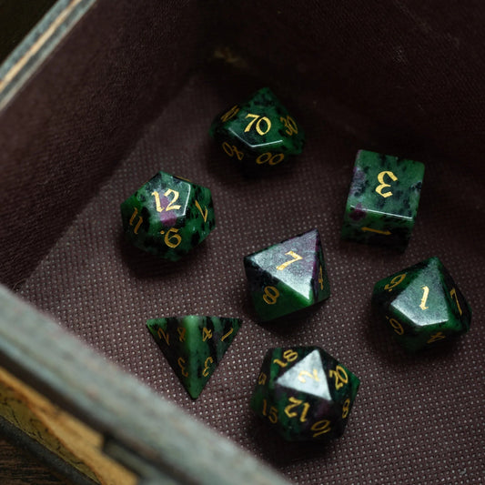 Zoisite Polyhedral Gemstone DND Dice Set Runic Dice