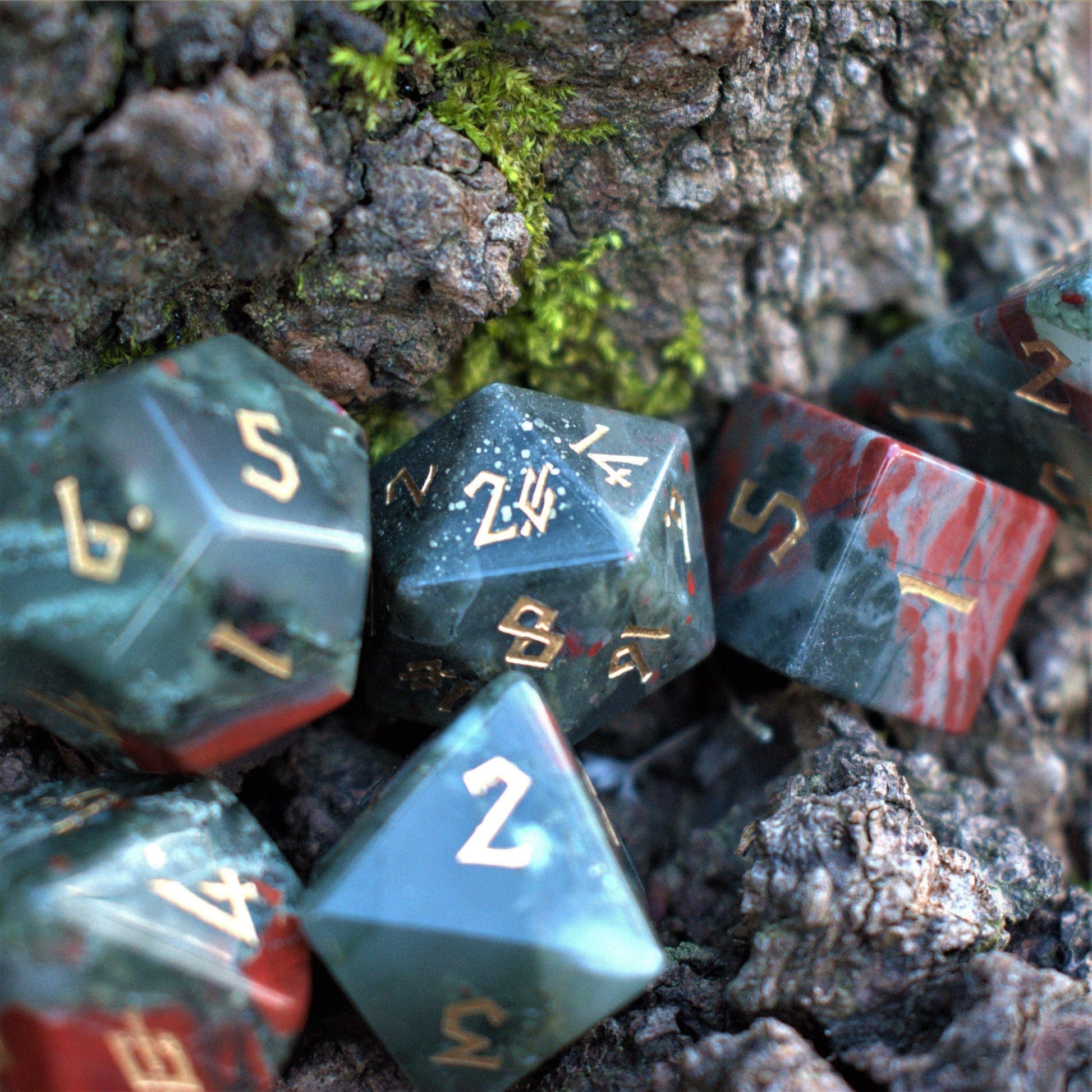 African Bloodstone Stone Dice Set Misty Mountain Gaming