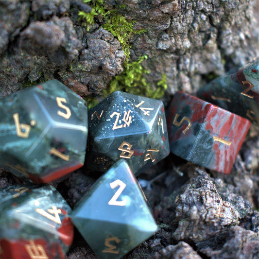 African Bloodstone Stone Dice Set Misty Mountain Gaming