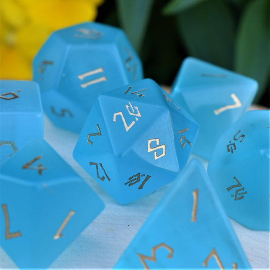 Aqua Blue Cat's Eye Stone Dice Set Misty Mountain Gaming