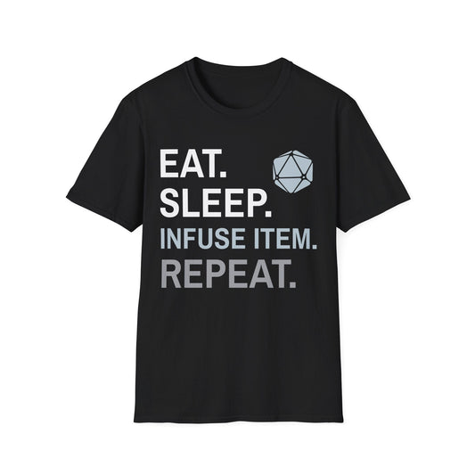 Artificer T-Shirt – 'Eat, Sleep, Infuse Item, Repeat' Sunburst RPG