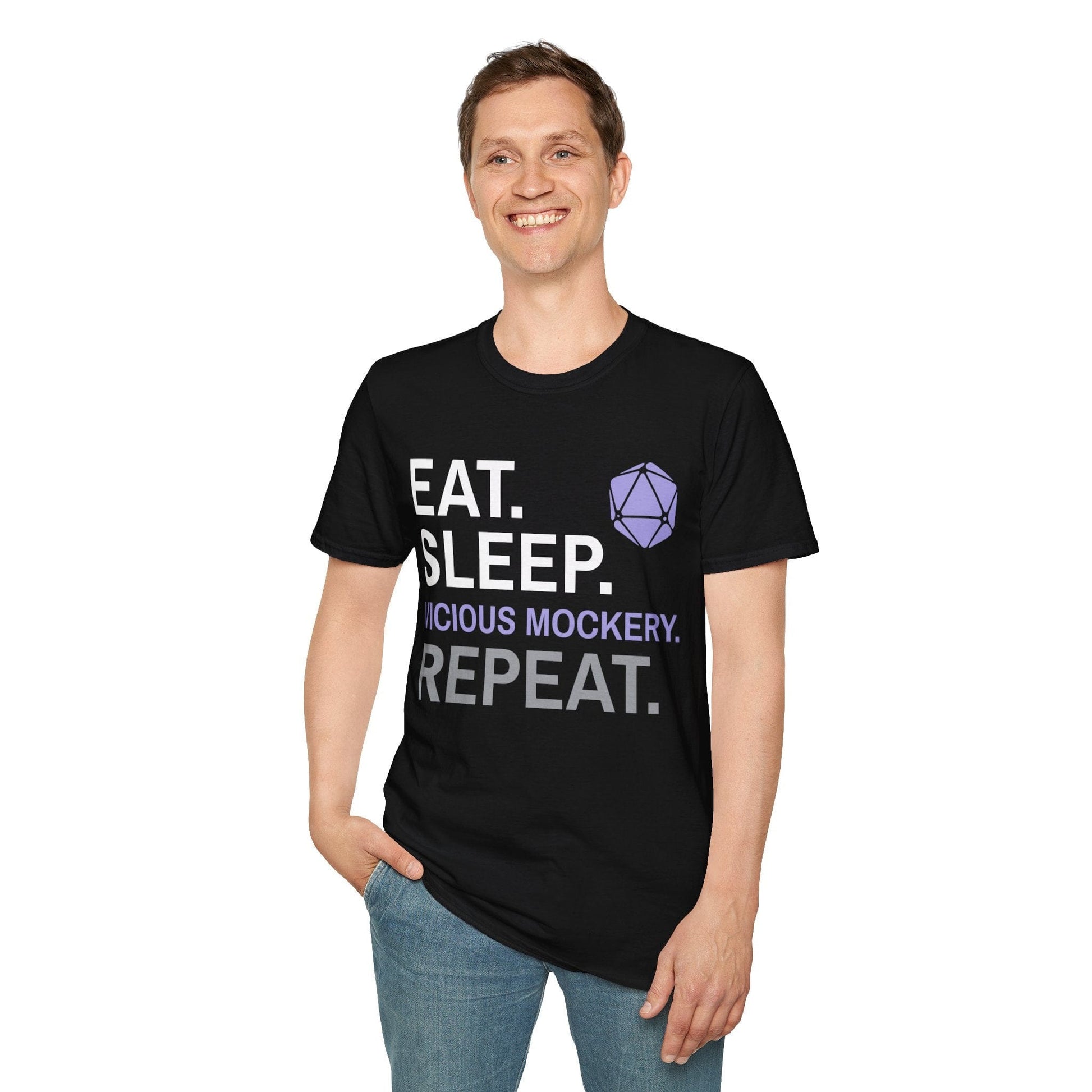 Bard T-Shirt – 'Eat, Sleep, Vicious Mockery, Repeat' Sunburst RPG