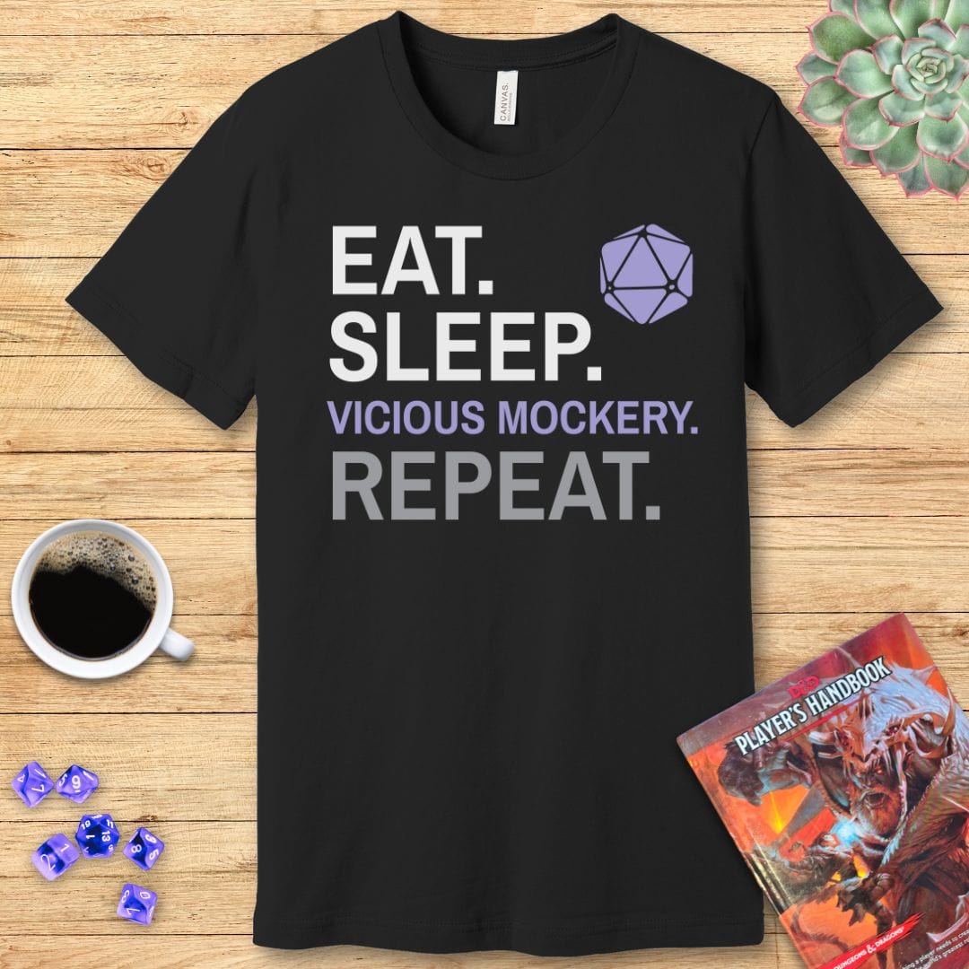 Bard T-Shirt – 'Eat, Sleep, Vicious Mockery, Repeat' Sunburst RPG