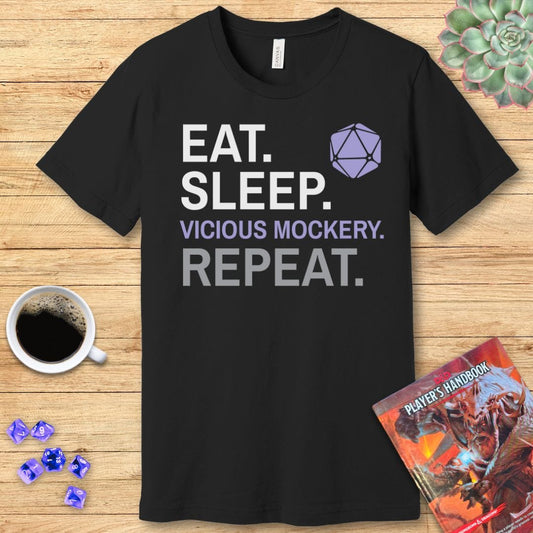 Bard T-Shirt – 'Eat, Sleep, Vicious Mockery, Repeat' Sunburst RPG