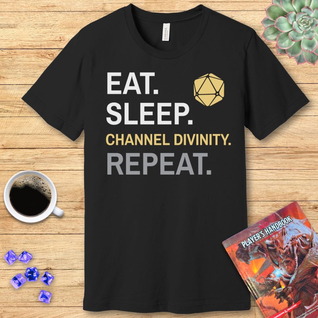 Cleric T-Shirt – 'Eat, Sleep, Channel Divinity, Repeat' Sunburst RPG