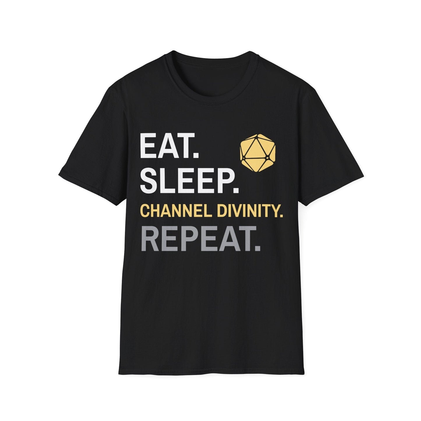Cleric T-Shirt – 'Eat, Sleep, Channel Divinity, Repeat' Sunburst RPG