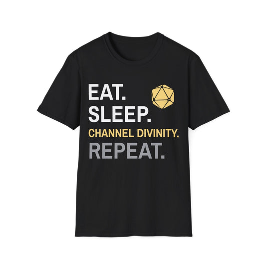 Cleric T-Shirt – 'Eat, Sleep, Channel Divinity, Repeat' Sunburst RPG