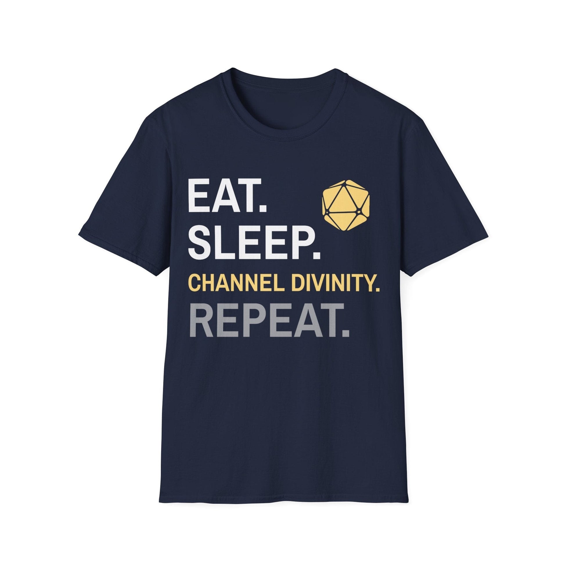 Cleric T-Shirt – 'Eat, Sleep, Channel Divinity, Repeat' Sunburst RPG