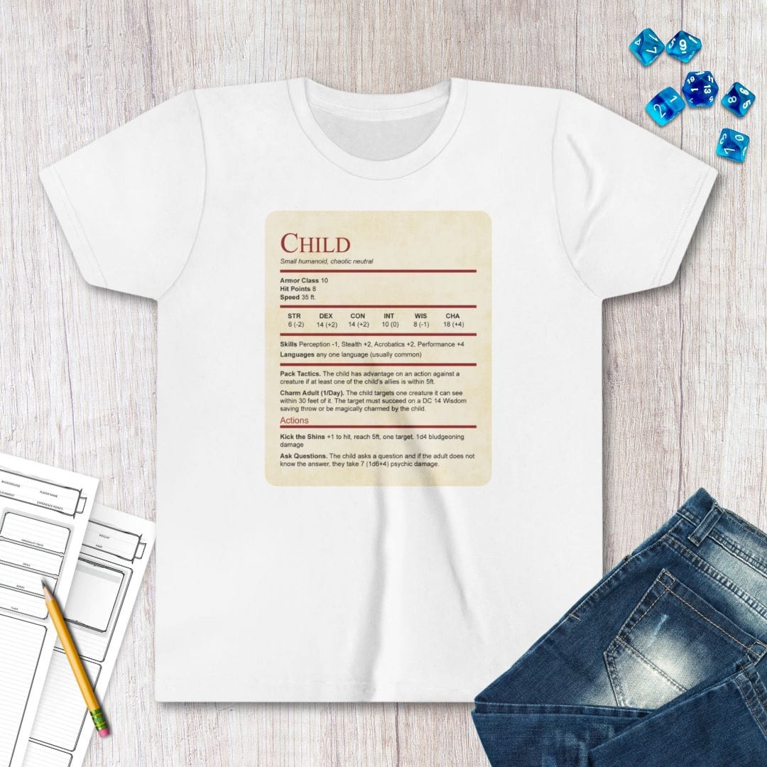D&D Kids Shirt Child Stat Block Sunburst RPG