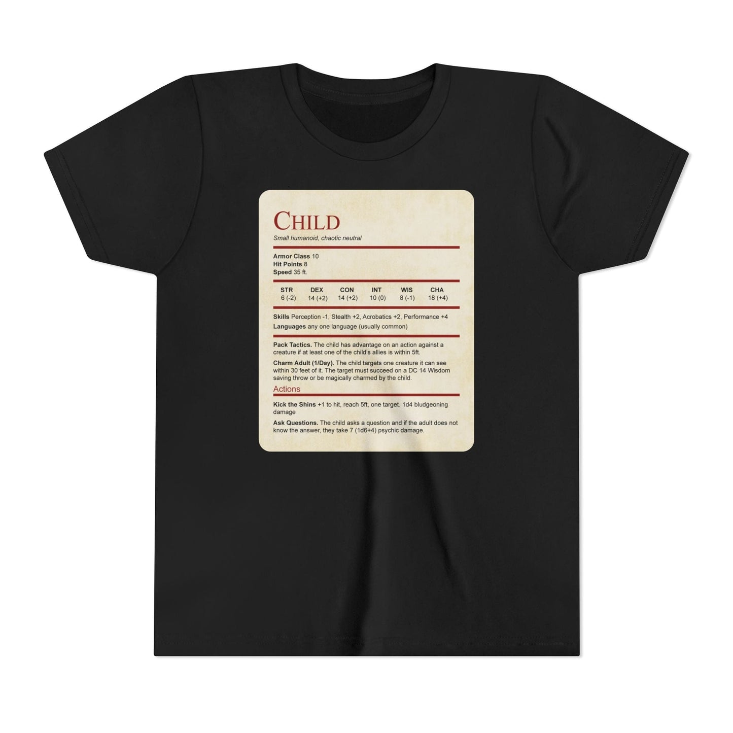 D&D Kids Shirt Child Stat Block Sunburst RPG
