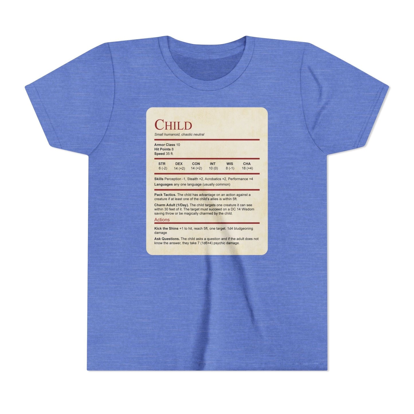D&D Kids Shirt Child Stat Block Sunburst RPG